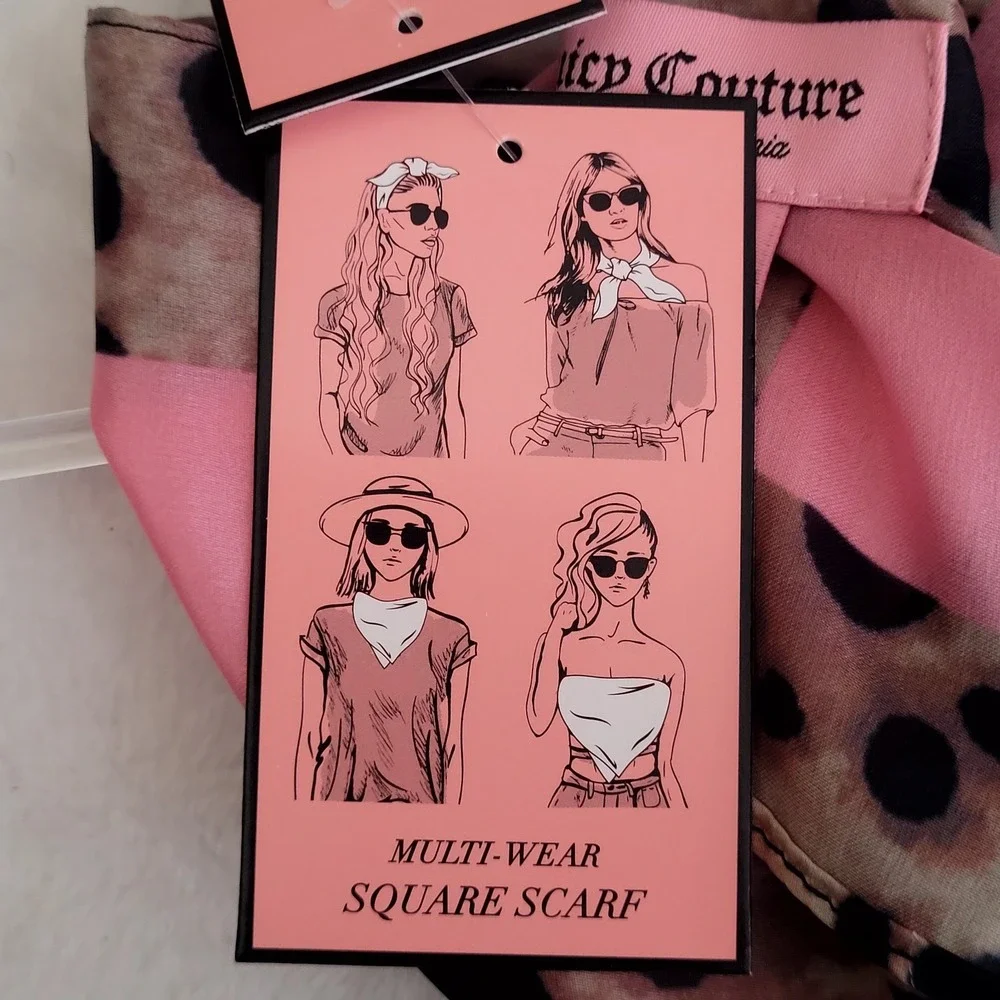 Juicy Couture Leopard Multiway Satin Square Scarf Petal Pink Trim 36 X 36 NWT